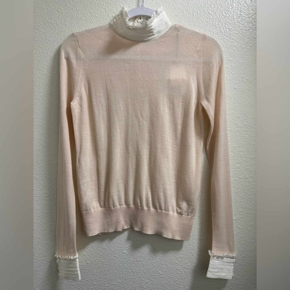 Sandro Natti Contrast Collar & Cuff Sweater Wool Silk Zip Semi Sheer Nude Small